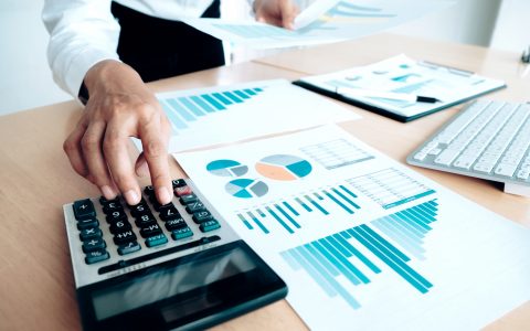 Finances Saving Economy concept. Female accountant or banker use